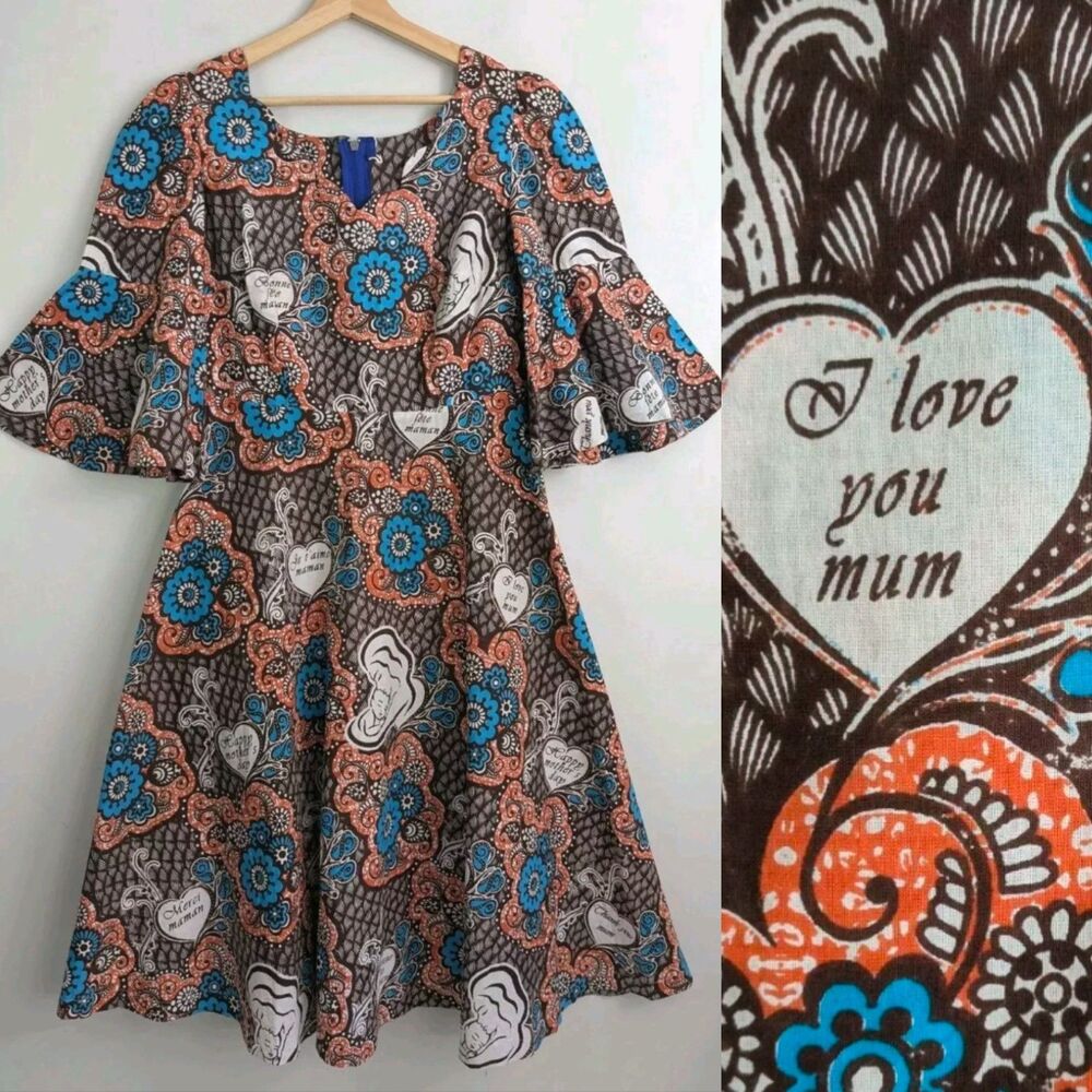 Vintage Handmade Wax Print Cotton Dress I Love Mum French Bell Sleeve Midi EUC